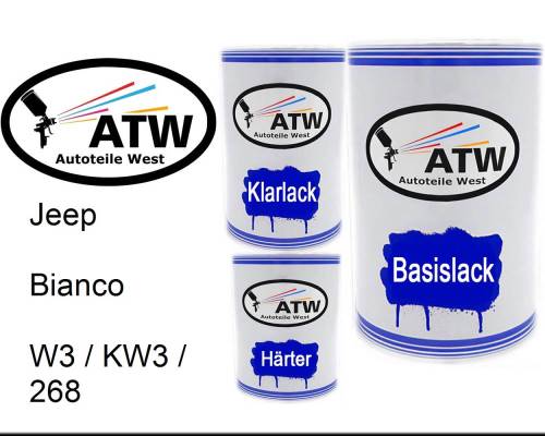 Jeep, Bianco, W3 / KW3 / 268: 500ml Lackdose + 500ml Klarlack + 250ml Härter - Set, von ATW Autoteile West.